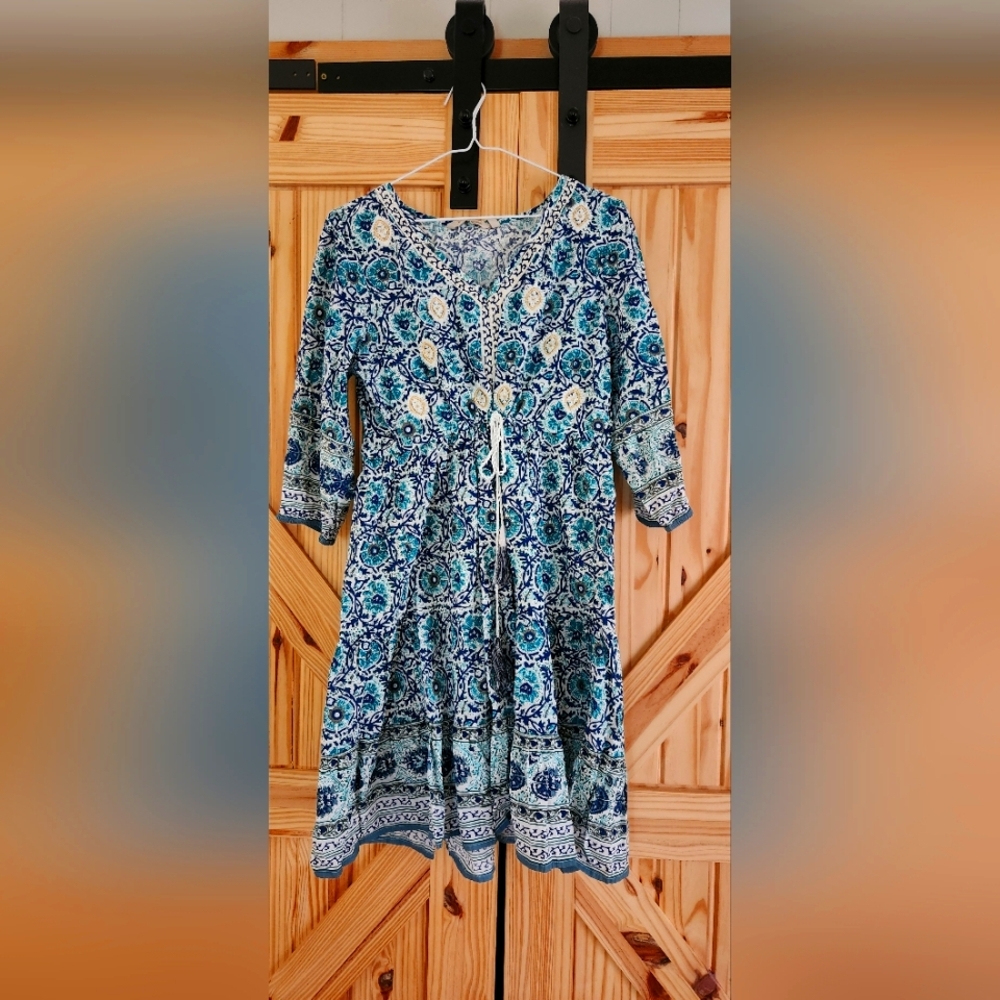 Soft Surroundings Blue Sundress with Bishop Sleeves